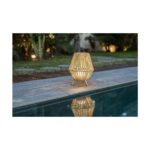 Lampe à poser LED tressée couleur bois, forme lanterne, éclairage chaud, usage extérieur