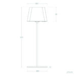 Lampe à poser abat-jour conique, pied vertical fin et socle plat, schéma technique avec cotes