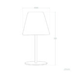 Lampe à poser conique, pied cylindrique et socle rond, vue schématique avec cotes