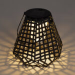 Lampe à poser solaire LED noire, structure treillis conique diffusant une lumière chaude
