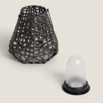 Lampe à poser LED extérieure abat-jour tressé noir ajouré, diffuseur opalin amovible sur socle