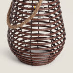 Lampe à poser marron en osier tressé, forme goutte, anse en corde