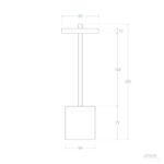 Lampe à poser, base cubique, tige verticale et plateau supérieur plat, schéma technique avec cotes