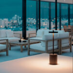 Lampe à poser noire en métal, base cylindrique et tête en T portable pour terrasse extérieure