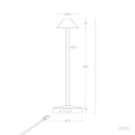 Lampe à poser métal, tige élancée, abat-jour conique, base rectangulaire et câble d'alimentation visible