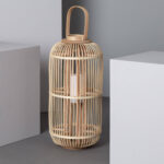 Lampe à poser rotin naturel lanterne cylindrique LED intégrée poignée de transport