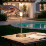 Lampe à poser LED en laiton, abat-jour dôme en verre fumé, usage extérieur sur table