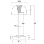 Lampe à poser dôme rond sur pied tubulaire et socle circulaire, schéma technique avec cotes