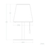 Lampe à poser dessin technique avec abat-jour conique, colonne cylindrique, base rectangulaire et cordon à tirette