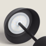 Lampe à poser LED noire avec diffuseur circulaire apparent, tige fine et abat-jour conique mat