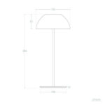 Lampe à poser dessin technique, abat-jour demi-sphérique, tige fine et base ronde, dimensions indiquées