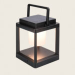 Lampe à poser solaire noire en aluminium, lanterne carrée avec panneau solaire et diffuseur cylindrique blanc