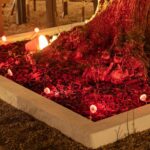 Spot extérieur sur piquet LED éclairant en rouge au pied d'un arbre