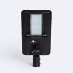 Luminaire LED solaire noir rectangulaire avec panneau LED visible et fixation orientable pour montage sur poteau