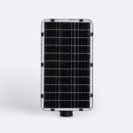 Luminaire solaire rectangulaire avec panneau photovoltaïque noir, cadre blanc et embase de fixation pour poteau