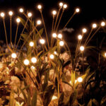 Piquets solaires LED têtes sphériques blanches sur tiges fines, insérés dans la végétation pour éclairage extérieur d'ambiance