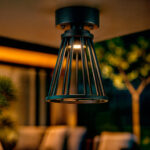 Plafonnier extérieur en cage aluminium noir mat, monté au plafond avec lumière chaude