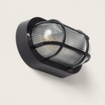 Plafonnier extérieur ovale verre cannelé et grille métallique noire