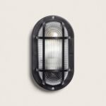 Plafonnier extérieur ovale noir à grille, verre cannelé et boîtier métallique