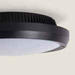 Plafonnier rond noir, diffuseur opalin, montage plafond extérieur