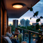 Plafonnier LED extérieur rond, diffuseur blanc chaud, bord noir, fixation au plafond