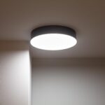 Plafonnier LED rond avec diffuseur blanc et bord gris foncé, fixation plafond en saillie