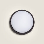 Plafonnier extérieur rond LED, diffuseur blanc opalin et cadre noir, montage plafond