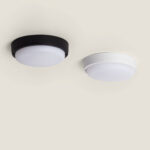 Plafonnier LED extérieur rond avec diffuseur opalin, boîtiers noir et blanc, fixation plafond en surface