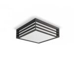 Plafonnier carré cadre métal noir à lames, diffuseur opalin blanc, fixation plafond en surface