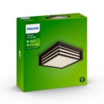 Plafonnier extérieur carré noir métal, diffuseur blanc avec lames horizontales, fixation plafond