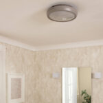 Plafonnier rond gris à diffuseur opalin et cadre métallique, fixation plafond