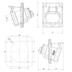 Prise industrielle sur tableau angulée à capot articulé, boîtier carré pour montage encastré