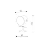 Projecteur orientable cylindrique sur socle, dessin technique montrant dimensions hauteur 165 mm largeur 80 mm