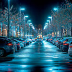 Projecteurs LED extérieurs montés sur mâts, lumière blanche froide éclairant un parking nocturne