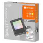 Projecteur LED extérieur rectangulaire noir, verre diffusant RGBW, cadre plat et support mural réglable