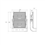 Projecteur LED extérieur rectangulaire double module, schéma technique avec cotes et support orientable