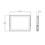 Projecteur LED rectangulaire plat blanc, profil mince, vue technique avec dimensions frontales et latérales