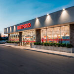 Projecteur LED extérieur monté en façade, boîtier compact, éclaire l'entrée d'un commerce