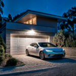 Projecteur LED mural blanc installé au-dessus d'un garage, éclairage extérieur directionnel illuminant l'allée