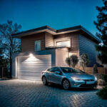 Projecteur LED extérieur blanc monté en applique éclairant garage et allée