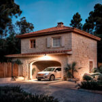 Projecteur LED extérieur mural slim émettant lumière blanc chaud au-dessus d'un garage