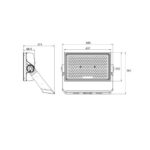 Projecteur LED rectangulaire avec support réglable et matrice de LED, dessin technique montrant dimensions