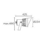 Projecteur LED à corps cylindrique avec dissipateur, rotule de fixation et optique diamètre 234 mm