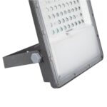 Projecteur LED extérieur rectangulaire gris en aluminium texturé, vitre frontale et support orientable avec lentilles LED visibles