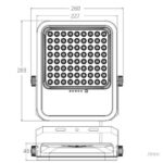 Projecteur LED carré 8x8 LEDs, boîtier métallique avec support réglable, vue technique avec cotes en mm