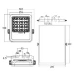 Projecteur LED extérieur rectangulaire, matrice de LEDs et supports latéraux, vue technique avec cotes