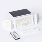 Projecteur solaire LED blanc avec panneau solaire, détecteur de mouvement PIR, panneaux latéraux réglables et télécommande