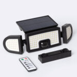 Projecteur solaire noir LED avec détecteur PIR, lampes latérales articulées, panneau solaire et télécommande