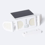 Projecteur solaire LED blanc 5W avec panneau solaire supérieur, détecteur PIR frontal et ailes LED réglables, support de fixation.