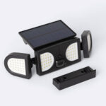 Projecteur solaire LED noir à panneaux réglables, panneau solaire intégré et capteur de mouvement PIR